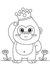 Coloring book crowned monkey posing like a king.