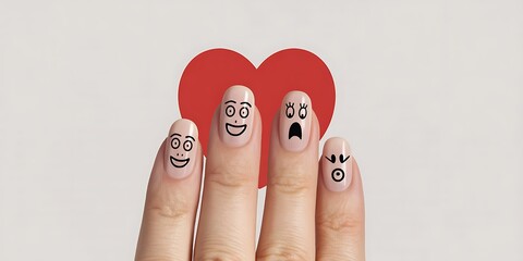 Funny fingers with faces and heart shape background nail art design ideas