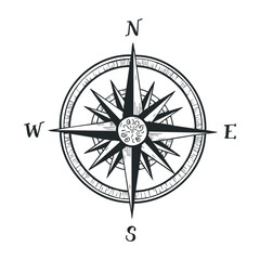 Vintage compass rose design with nautical directions. Hand drawn vector illustration