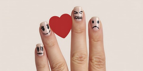Funny nail art design with emotions and red heart for valentine's day idea