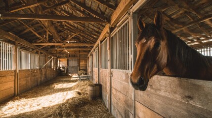 Spacious rustic horse stable interior with natural sunlight and wooden stalls.