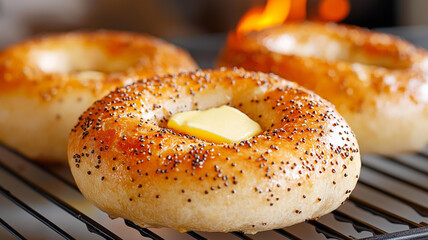 Freshly baked bagels with butter melting on top