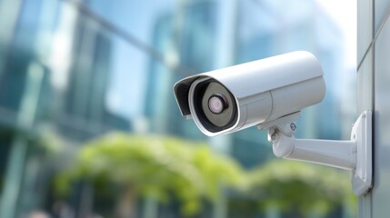 Modern outdoor security camera mounted on building for surveillance and monitoring.