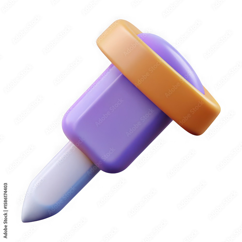Poster 3d rendering of a stylized dropper with purple liquid and orange accent isolated on transparent back