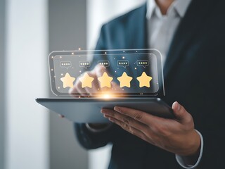 Customer feedback and reviews online concept rating stars on digital tablet