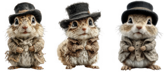 Three cute chipmunks dressed in formal attire with top hats isolated on transparent background