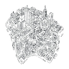 Hand-drawn city map with streets, buildings, and landmarks in black and white sketch style. Hand drawn vector illustration