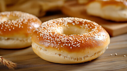 Freshly baked bagel with sesame seeds, golden brown crust