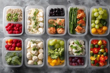 Plastic containers filled with pre-prepared, healthy meals, neatly arranged on a gray background, showing the convenience of nutritious eating.