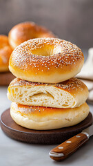 Freshly baked bagels stacked wooden plate, showcasing golden crust