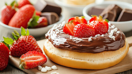 Delicious chocolate donut topped with fresh strawberries