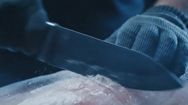 A close shot of a man cutting through frozen meat