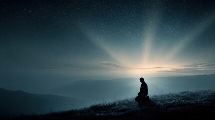 Fototapeta premium Person sitting peacefully on hilltop overlooking mountains and starry night sky.