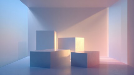 Minimalist Modern Empty Display Platform Shelves with Soft Lighting in Gallery Setting.