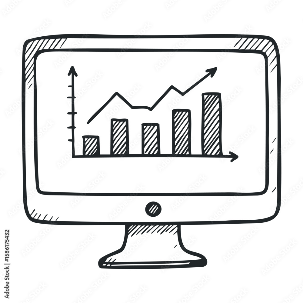 Poster hand-drawn computer monitor displaying bar and line graphs in black and white sketch. hand drawn vec