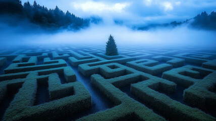 Serene maze landscape with fog and central tree