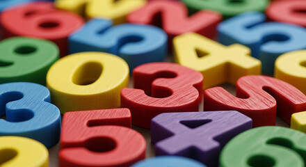 Naklejka premium Colorful Wooden Numbers Scattered Close-up