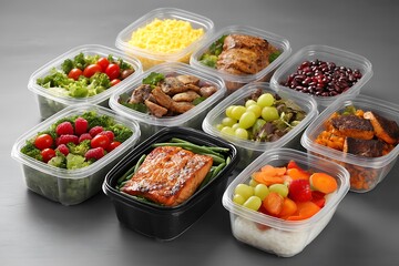Plastic containers filled with pre-prepared, healthy meals, neatly arranged on a gray background, showing the convenience of nutritious eating.