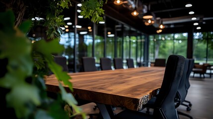 Modern workspace with natural wood conference table, black office chairs and floor-to-ceiling windows, enhanced by indoor plants and ambient lighting in contemporary office.