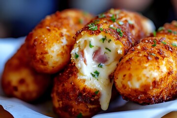 Crispy potato croquettes filled with melted cheese and ham, garnished with fresh herbs and spices, served on white napkin. Close up macro food photography.