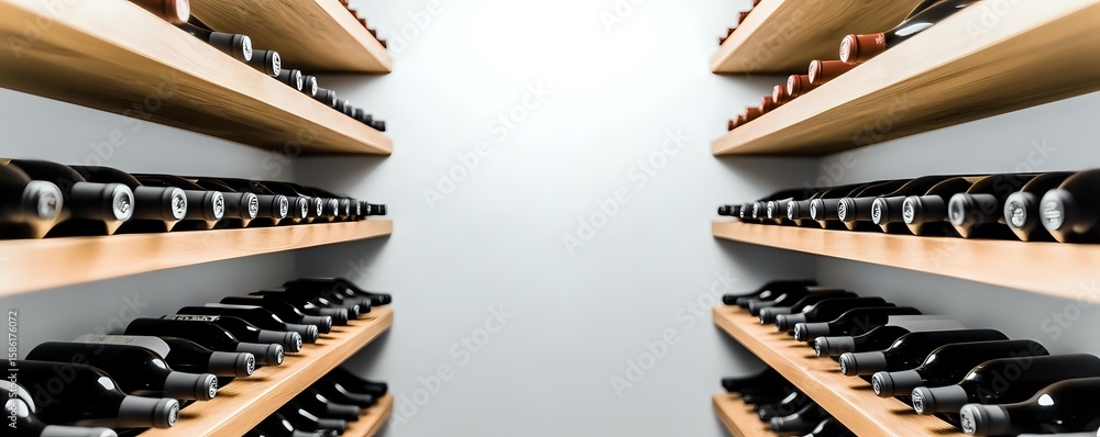 Poster wine bottles stored on wooden shelves in symmetrical rows creating perspective view in cellar. colle
