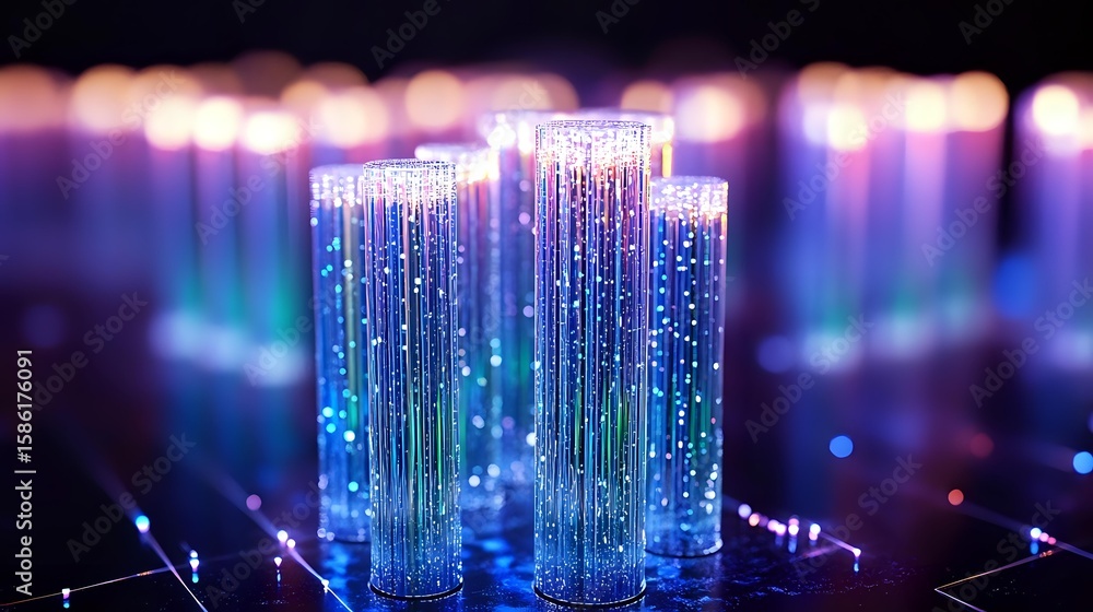 Aufkleber glowing fiber optic light columns in blue and purple colors create futuristic technological atmosphe