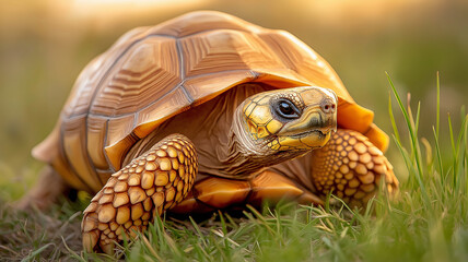 Close up of tortoise grassy field, showcasing its unique shell