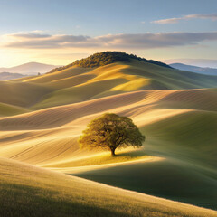 Serene landscape featuring rolling hills and solitary tree bathed