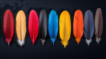 Colorful bird feathers arranged in row on black background showing vibrant red, orange, pink, black, blue, yellow and gray plumes with soft textured details.