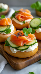 Delicious smoked salmon on fresh bagels with cucumber