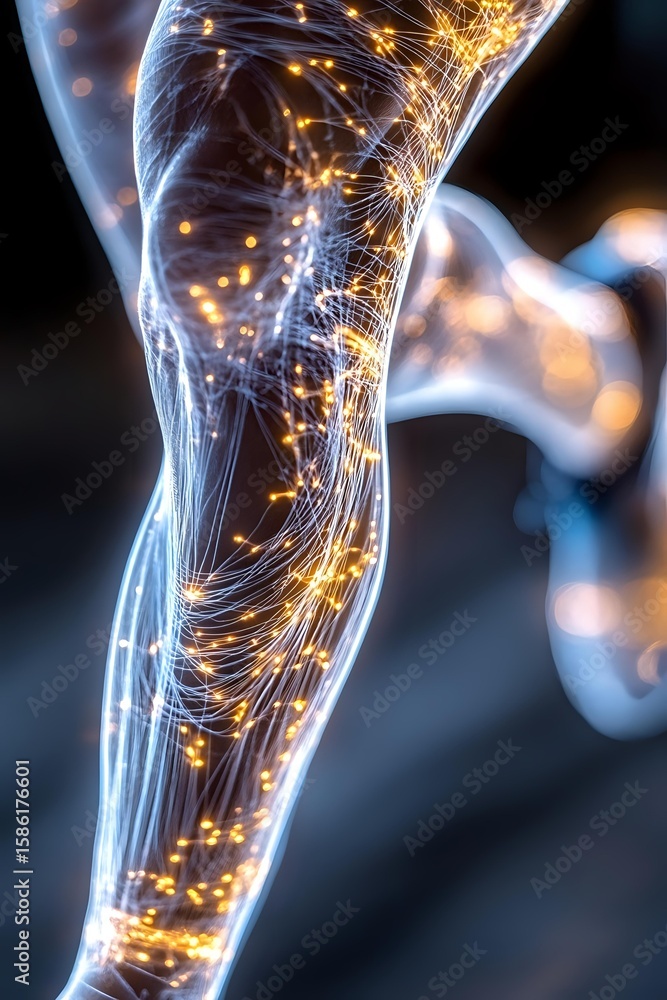 Poster glowing neural network visualization with interconnected light paths forming leg shape, representing