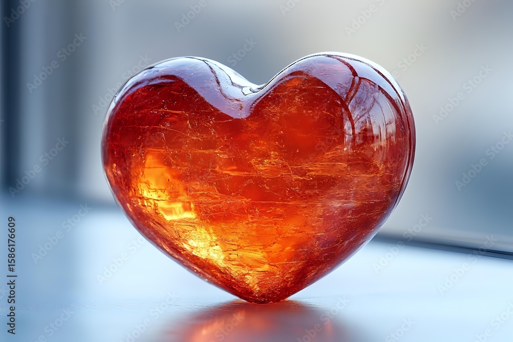 Aufkleber glowing red glass heart on light surface with soft bokeh background, romantic symbol of love and pas