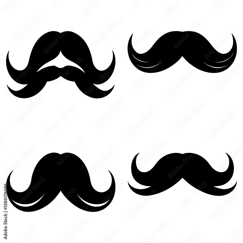Poster four black mustaches with different styles arranged on a white background in a symmetrical pattern d