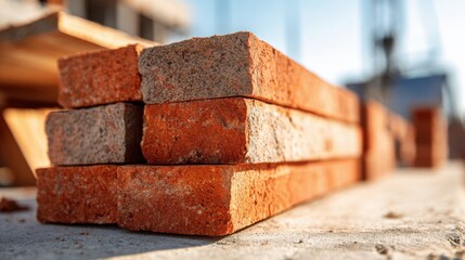 Close-up of red brick construction blocks stacked in a row at construction site.