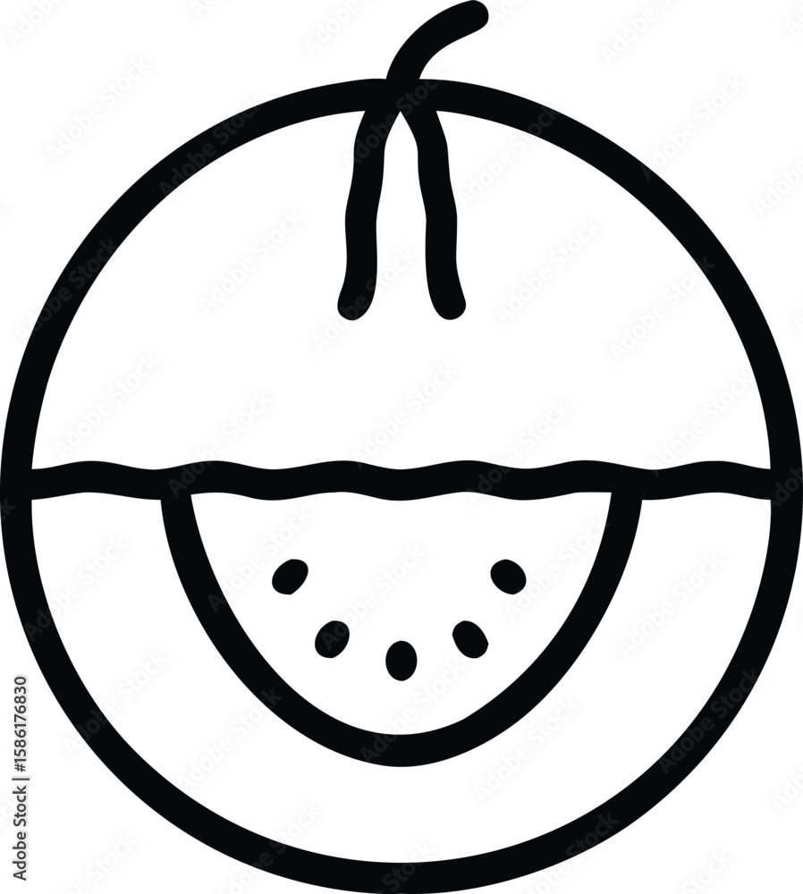 Poster watermelon slice outline with seeds in a simple black line art style