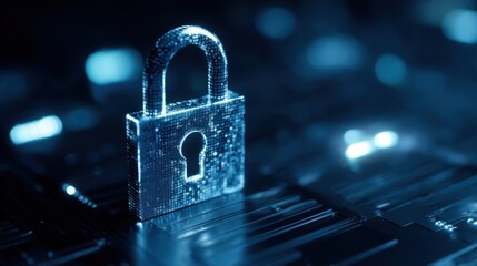 Close up of digital lock icon on abstract technology background with glowing blue light.