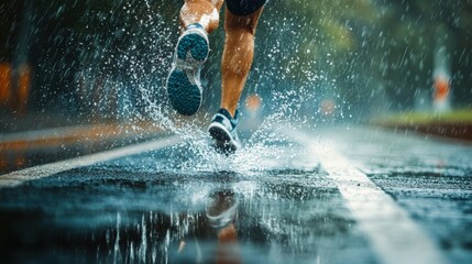 Running in the rain splashing water.