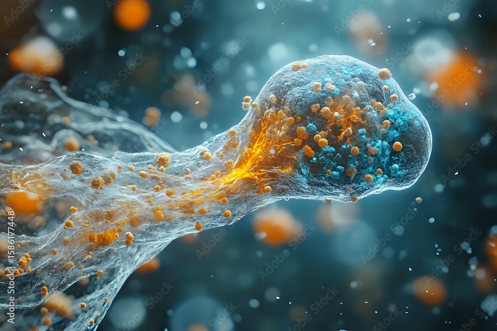 Poster microscopic view of glowing orange and blue cellular structure with luminescent particles floating i