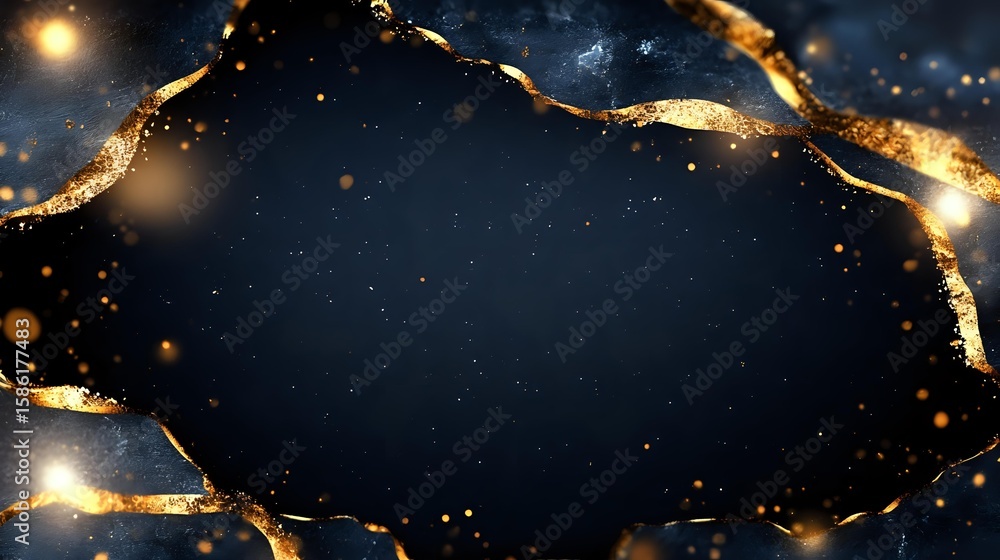 Aufkleber luxurious dark background with glowing golden cracks and light particles creating elegant frame bord