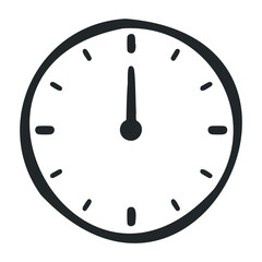 Simple black and white clock illustration showing midnight or noon. Outline vector illustration