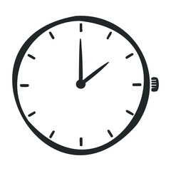 Minimalist black and white analog clock illustration with simple design. Outline vector illustration