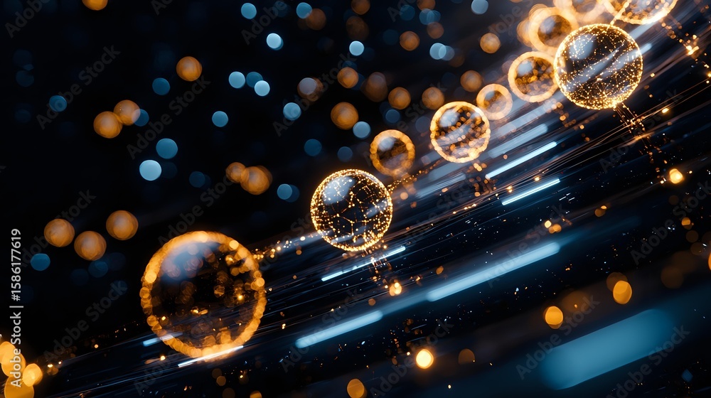 Poster glowing golden spheres with light trails floating in dark space, magical bokeh effect creates mystic