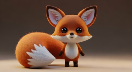 Obraz premium Adorable Cartoon Fox with Big Eyes Standing Still, 3D Render of Cute Fox Character with Fluffy Tail and Soft Fur