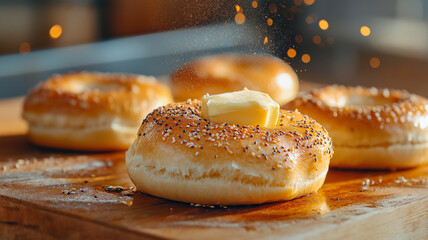 Freshly baked bagels topped with butter and sprinkled with