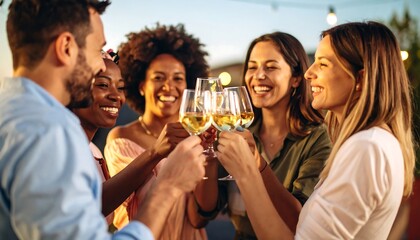 Group of friends toasting with wine outdoors