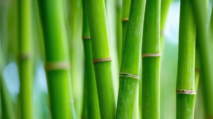 Obraz premium Close-up of vibrant green bamboo stalks with detailed texture and natural background.