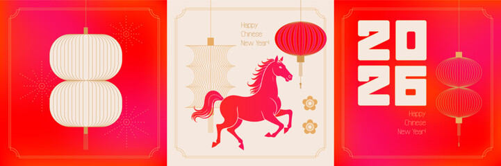 Set of Chinese new year 2026 banners. Geometric linear art. Red traditional Chinese designs with horse , lanterns, fireworks, decorations. Lunar new year concept, modern vector