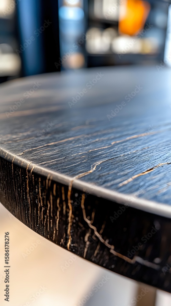 Poster close-up view of dark wooden table edge with distressed finish and natural grain pattern showing rus