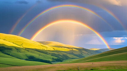 Obraz premium Vivid double rainbow stretches across rolling hills with bright green grass creating a stunning pastoral landscape.