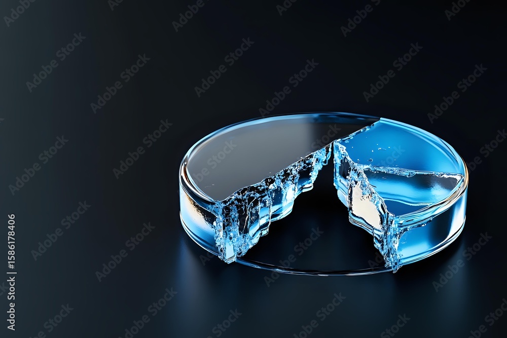 Poster circular pie chart made of blue transparent liquid with water splash effect on dark background, repr